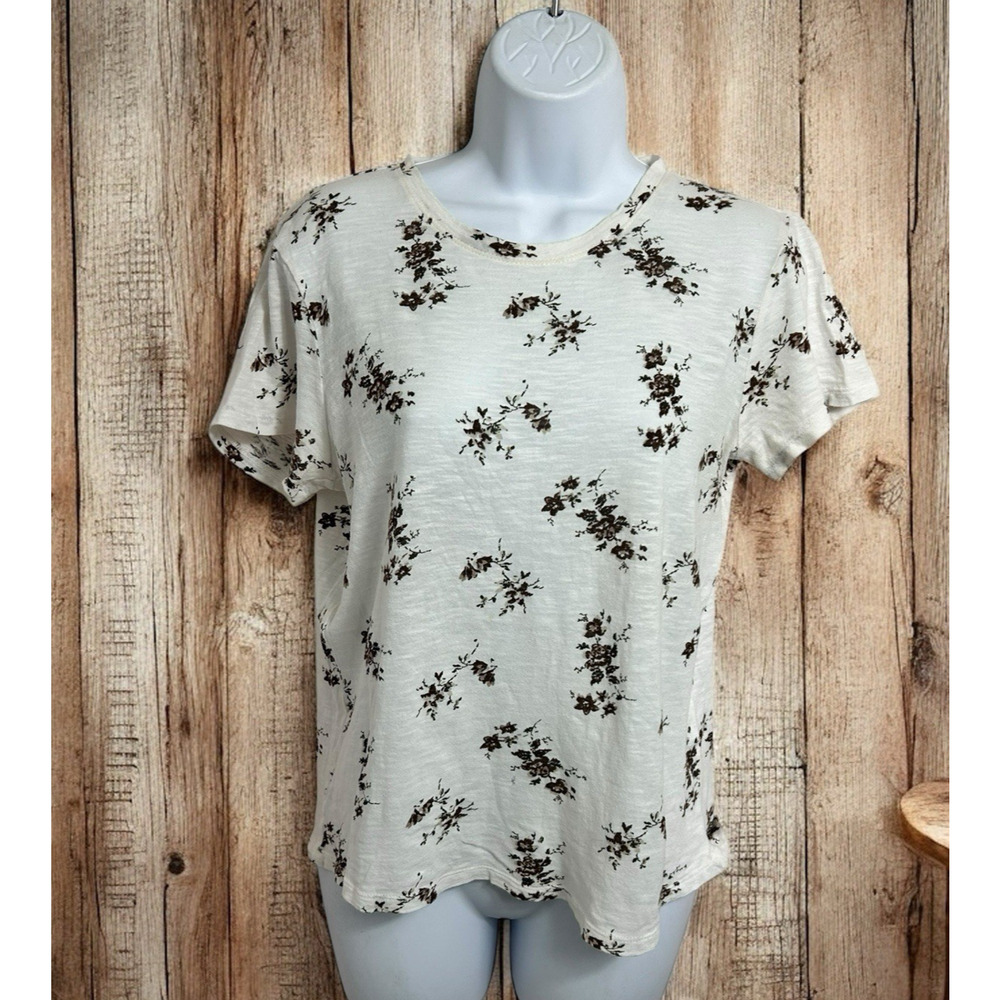 Lucky Brand Floral Tee Size Small Short Sleeve Brown Flowers Shirt Short Sleeves